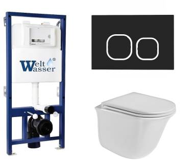 Унитаз с инсталляцией WeltWasser BAMBERG 525+TELBACH 004 GL-WT+BAMBERG BL белый/кнопка черная, безободковый, с крышкой микролифт