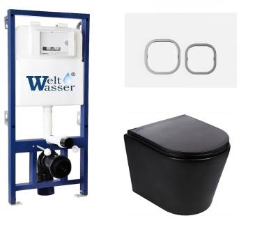Унитаз с инсталляцией WeltWasser BAMBERG 525+SALZBACH 043 MT-BL+BAMBERG WT черный матовый/кнопка белая, безободковый, с крышкой микролифт, слив торнадо
