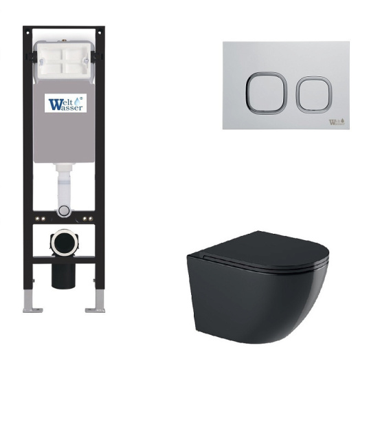 Унитаз с инсталляцией WeltWasser AMBERG 350 + MERZBACH 043 GL-BL + AMBERG RD-WT черный/кнопка белая-хром