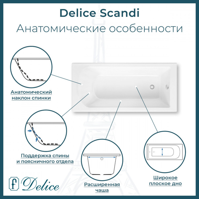 Delice Scandi 160х70 глянцевая с ручками Хром (в комплекте только ванна, без ножек и слива-перелива)
