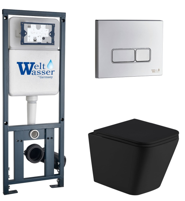 Унитаз с инсталляцией WeltWasser MARBERG 410 + GELBACH 043 MT-BL + MAR 410 SE CR черный матовый/кнопка хром