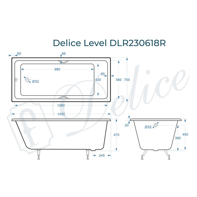 Delice Level 140х70 (в комплекте ванна с ручками хром, без ножек и слива-перелива)