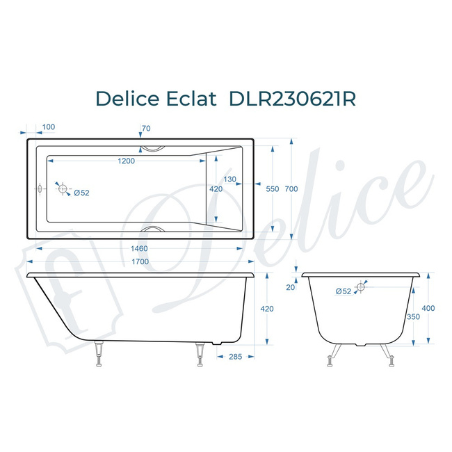 Delice Eclat 170х70 с отверстиями под ручки (в комплекте только ванна, без ножек и слива-перелива)