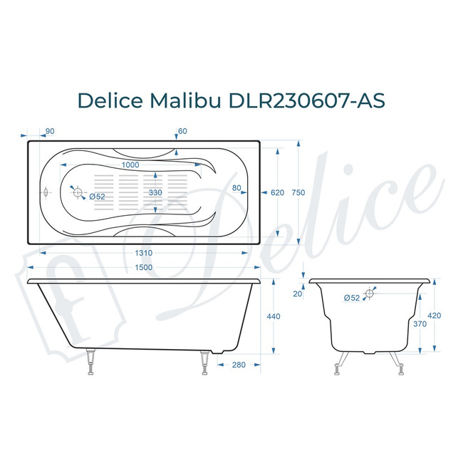 Delice Malibu 150х75 с антискользящим покрытием (в комплекте только ванна, без ножек и слива-перелива)